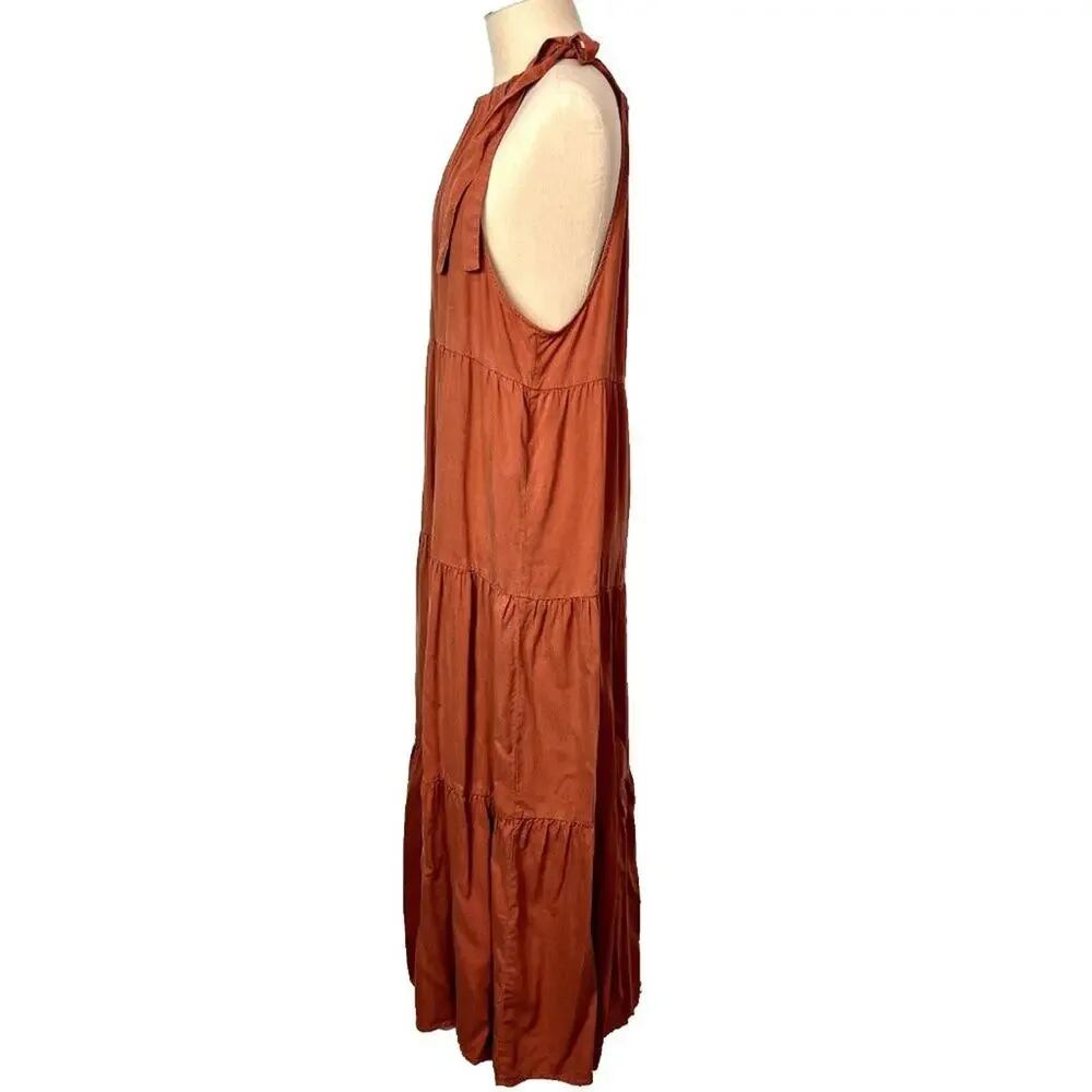 Cloth and Stone Dress Size M Halter Midi Orange Lyocell Neck Tie Tiered Flounce